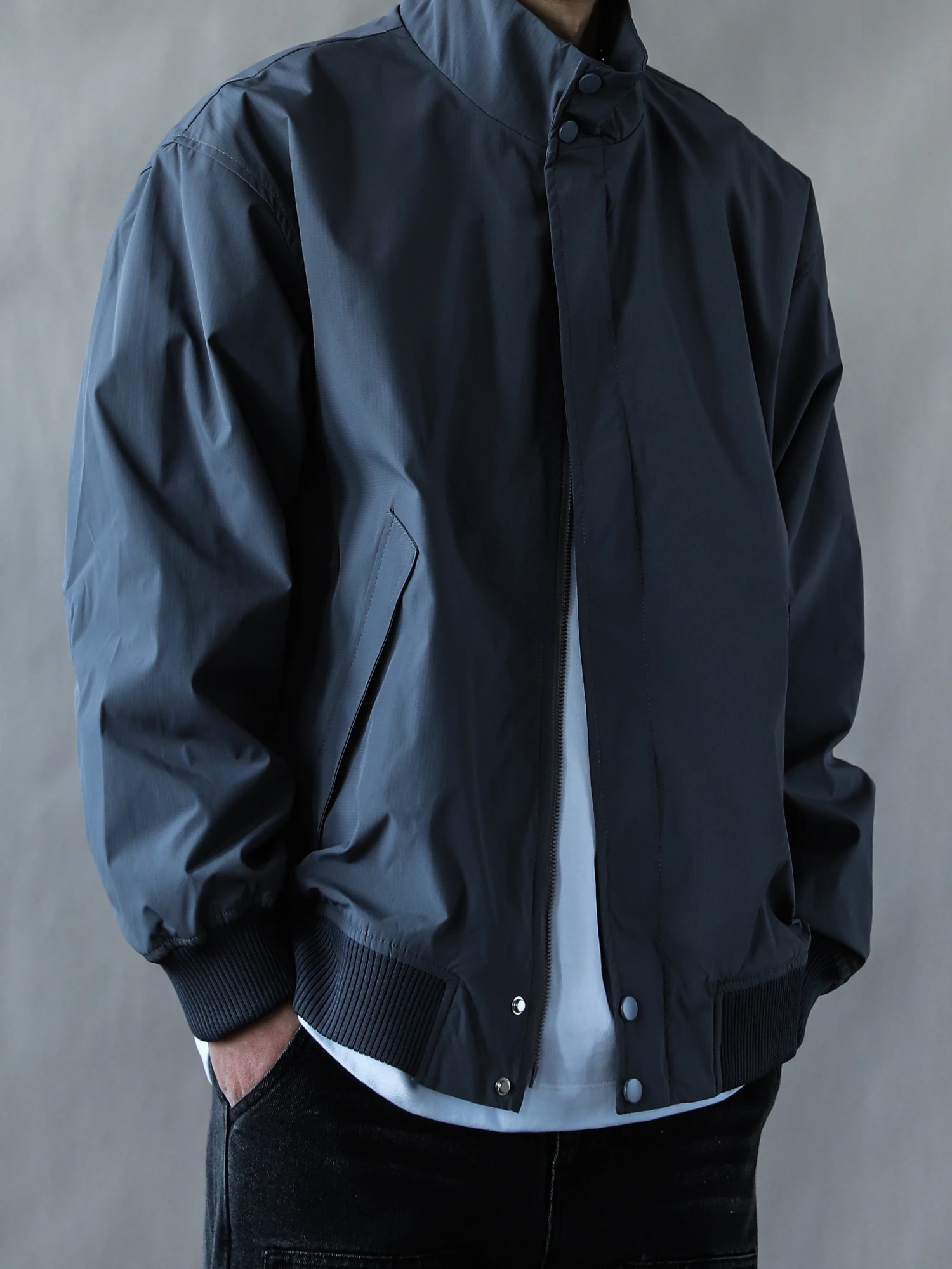 

American Retro Stand Collar Jaet Men's Loose Zipper Outerwear Deep ey Casual Top Long Sve Simple Spring Autumn