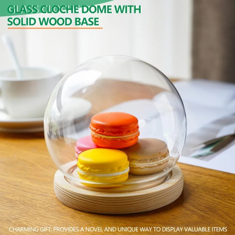 Globe Cloche Glass Dome with Wooden Base, Round Glass Display Dome for Desserts, Plants & Keepsakes, Sphere Cloche Bell Jar