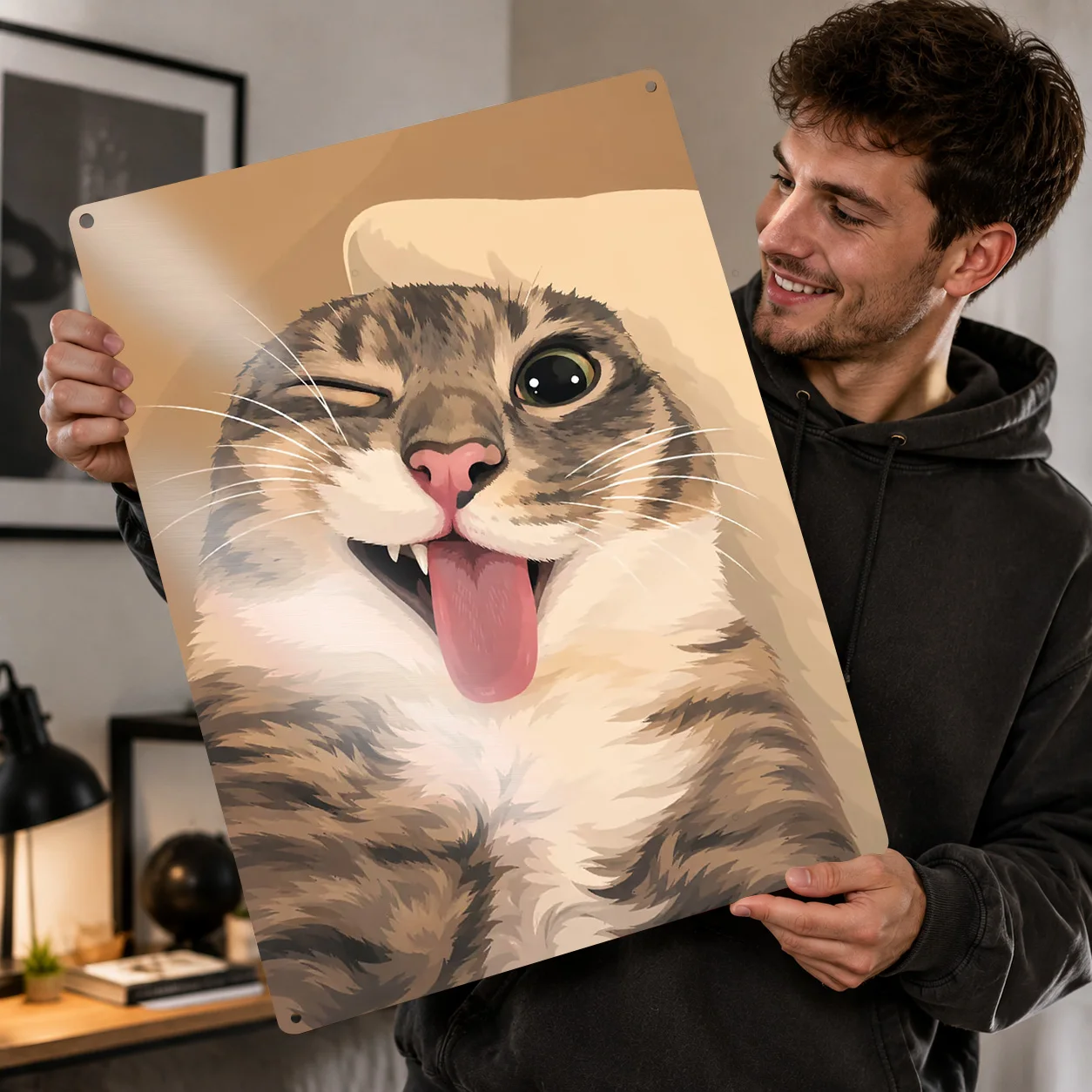 Funny Cat Sticking Tongue Out Personalized 3D Textured Metal Poster Wall Art Tinplate Sign for Gaming Room Decoration Cozy House