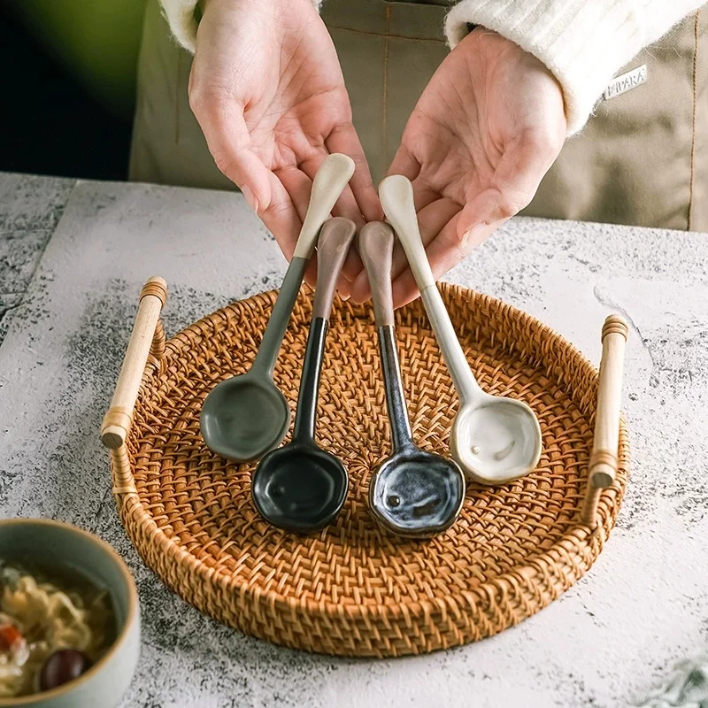 

1PCS Japanese Ramen Soup Spoons ,Coffee Milk Powder Spoons, Ceramic Soup Spoons Retro Korean Style Tablespoon Rice Noodles Spoon