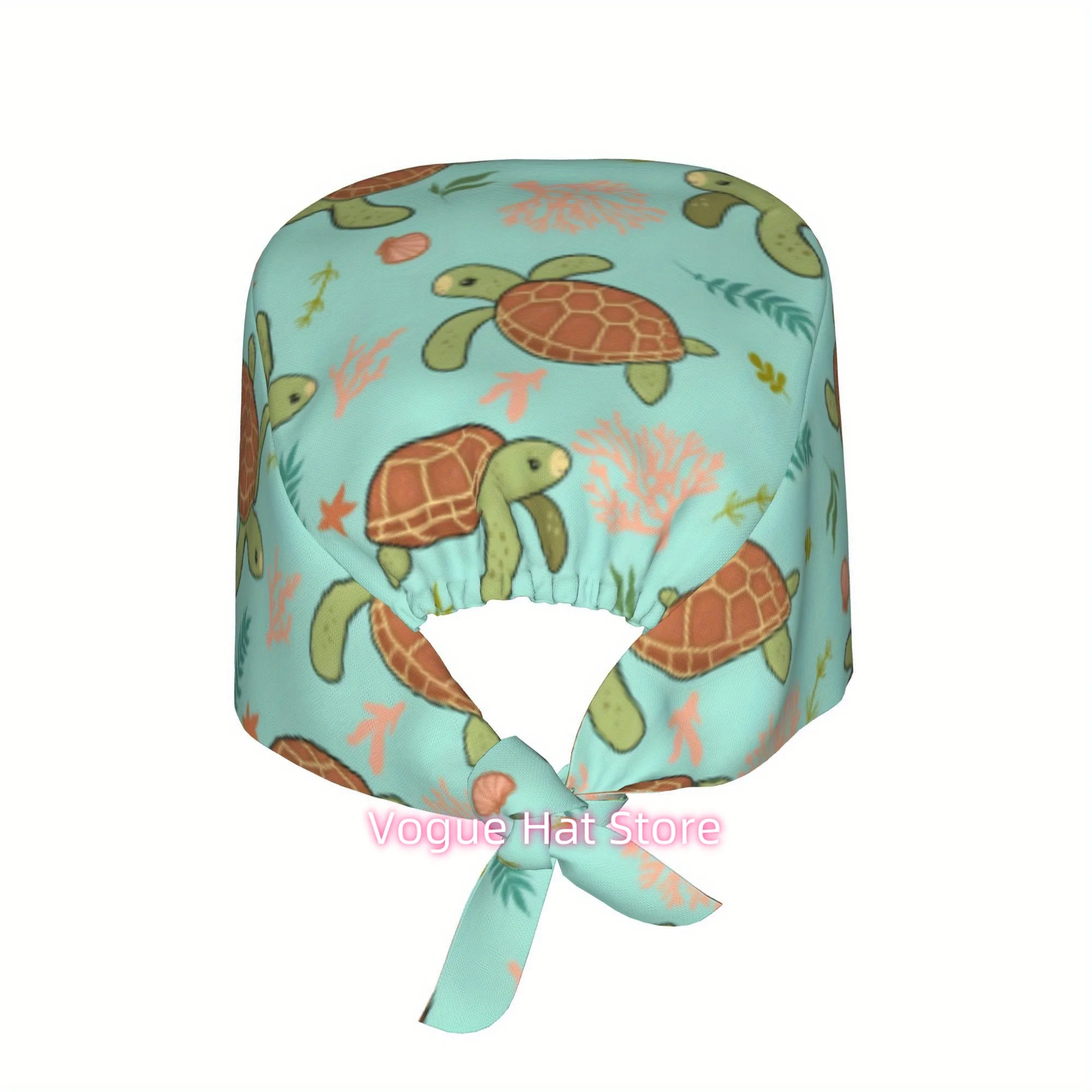 1pc Turtle and Shell Print Seamless Pattern Unisex Stylish Printed Work Cap - Lightweight Adjustable Skull Cap Tie-Back Nurse Ha
