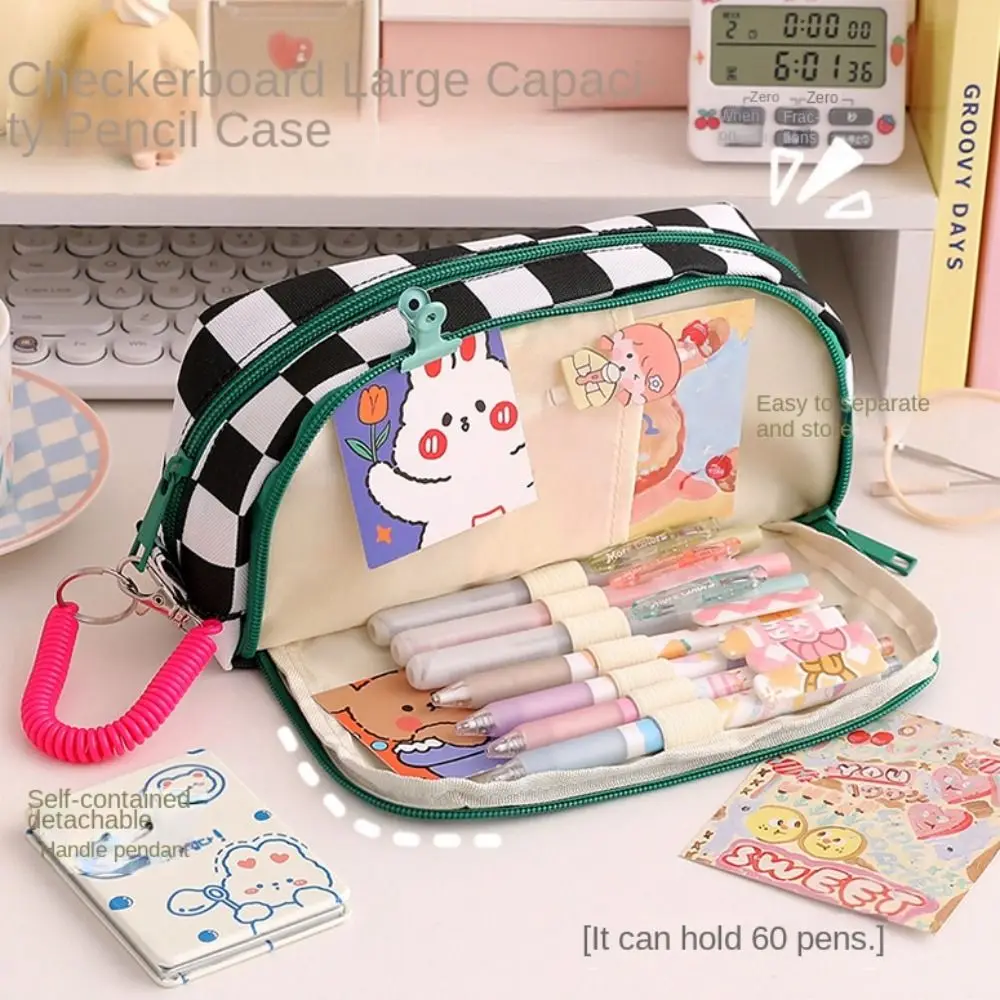 

Pen Case Checkerboard Pencil Case Large Capacity Portable Pencil Bag Cute Canvas Stationery Storage Bag Back To School