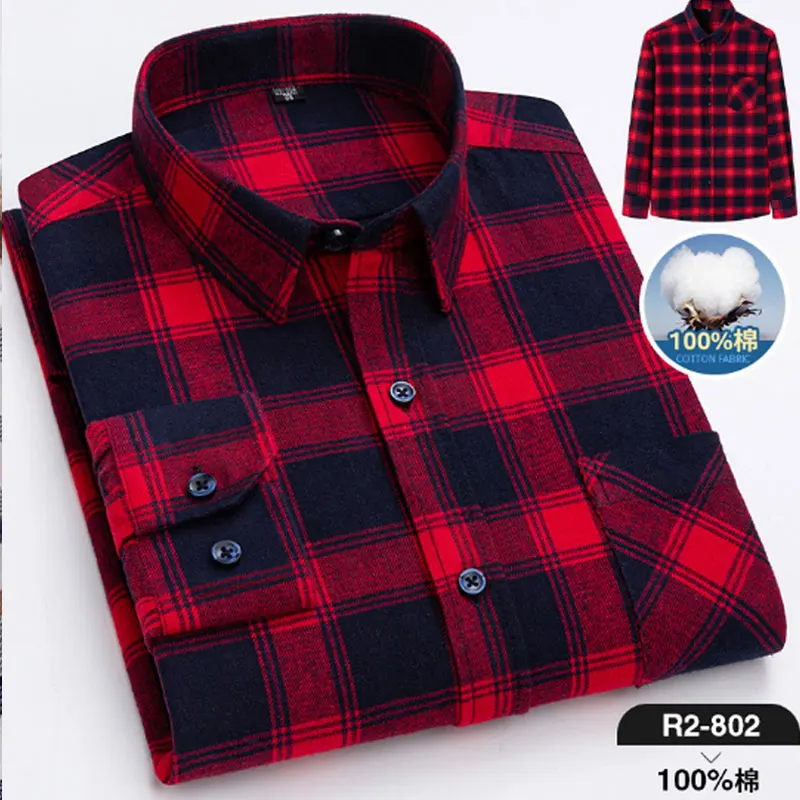 6XL Autumn/Winter 100% cotton Men\'s Long Sleeve Shirt Flannel Plaid Business Casual no-iron Plus size slim-fit Social