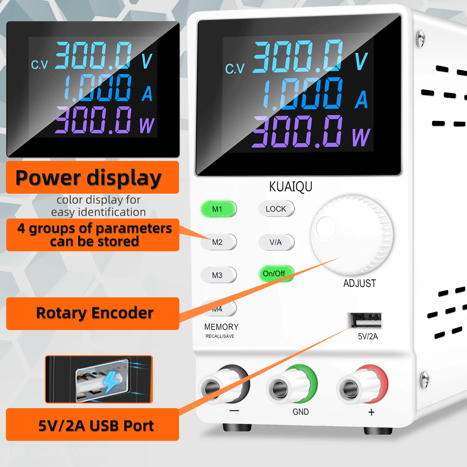 KUAIQU Programmable Storage Laboratory DC Power Supply Adjustable 30V 10A Memory Function Regulated Voltage Regulator 200V 300V