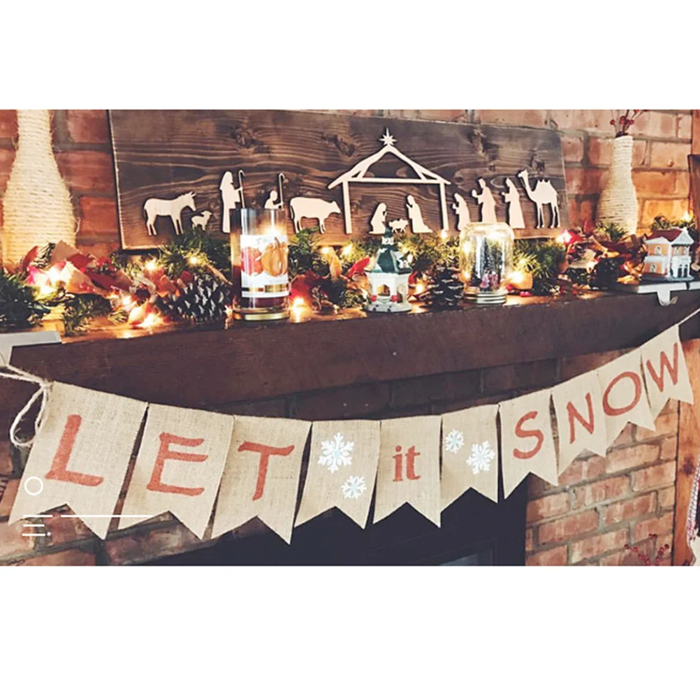 

Let It Snow Letters Bunting Linen Burlap Banner Snowflakes Pattern Winter Party Decoration Ideal for Walls Windows Tables