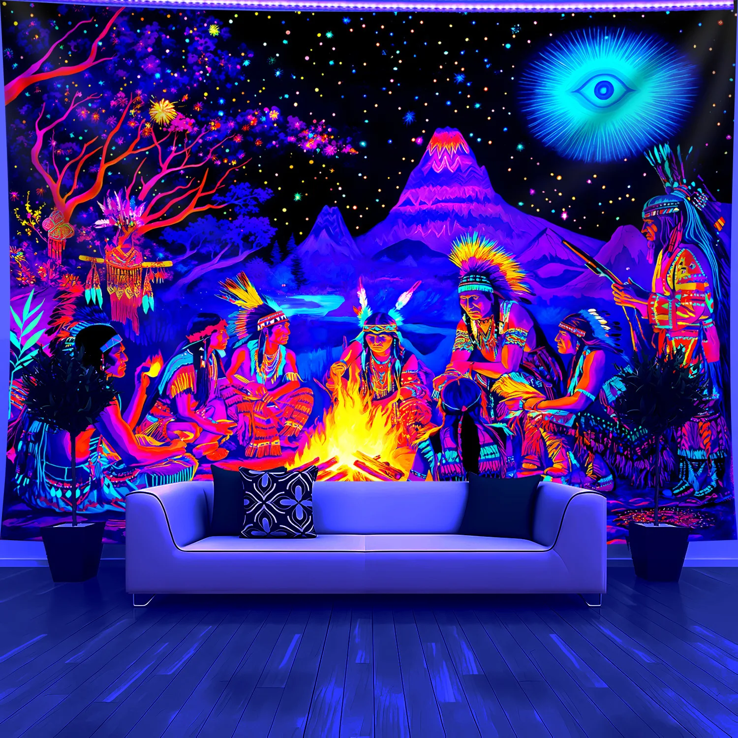 VIKAMA Tribal Carnival Tapestry Bonfire Feather Crown Starry