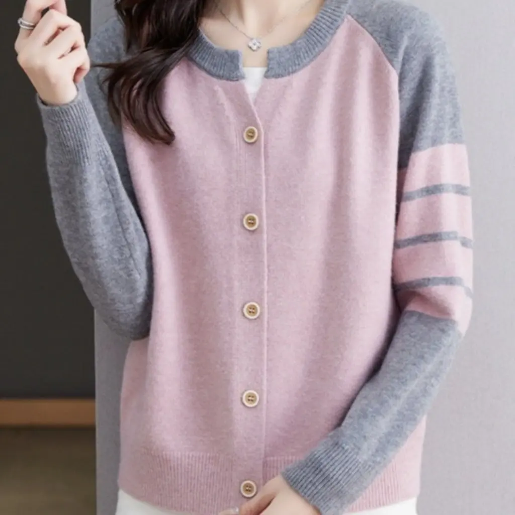 

Women's Knitted Cardigan Autumn Sweater Loose Fit Imitation Wool Cashmere Style Color Split Top for Spring And Autumn