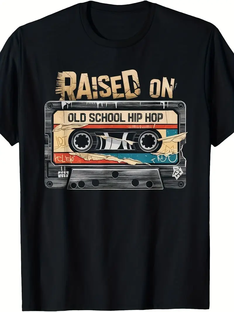 Men's Women's Raised On Old School Hip Hop T-Shirt, 220Gsm Heavyweight Pure Retro Rap Music Tee Cassette Tape Graffiti Graphic