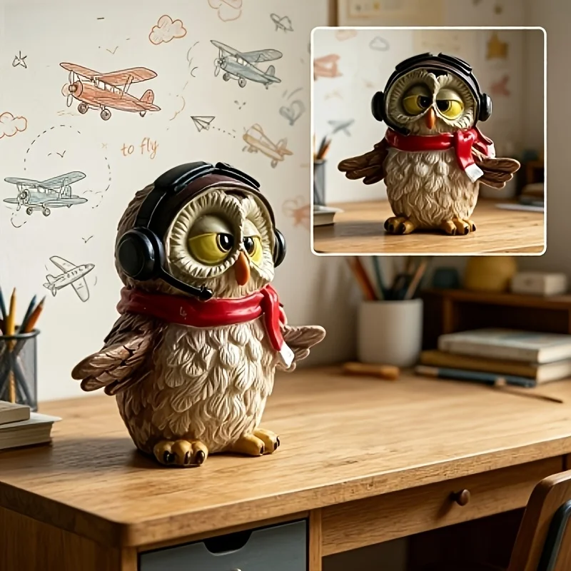 Pilot Owl Resin Figurine with Headset and Red Scarf, Cute Desktop Ornament, Creative Home Office Decor Holiday Gift