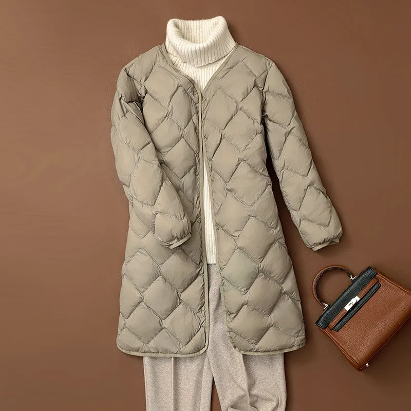 Women's Winter Down Jacket Japanese Style Loose Fit V Neck Long Sleeve Casual Long Length Single Breasted Pocket Solid Color