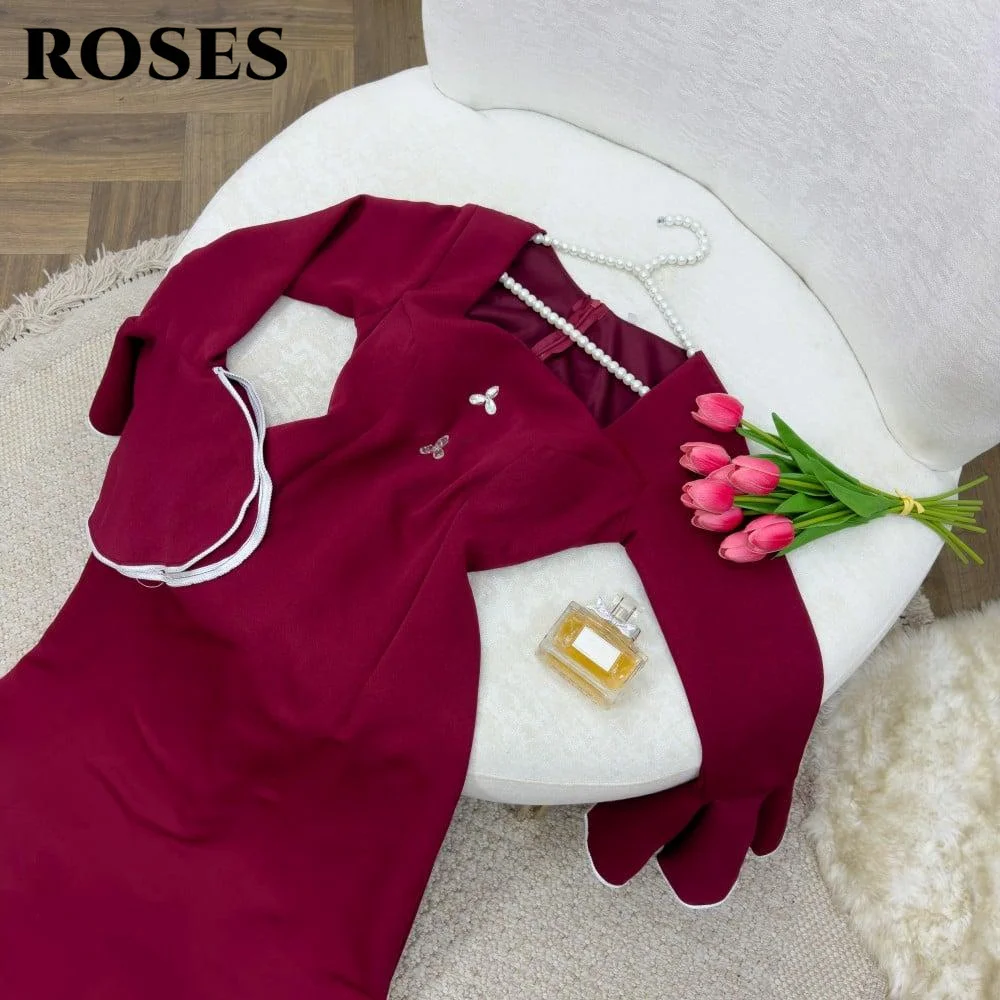 

ROSES Burgundy Party Dress Square Neck Night Dresses Satin Prom Dresses for Woman Flared Long Sleeves 프롬 드레스 Customized