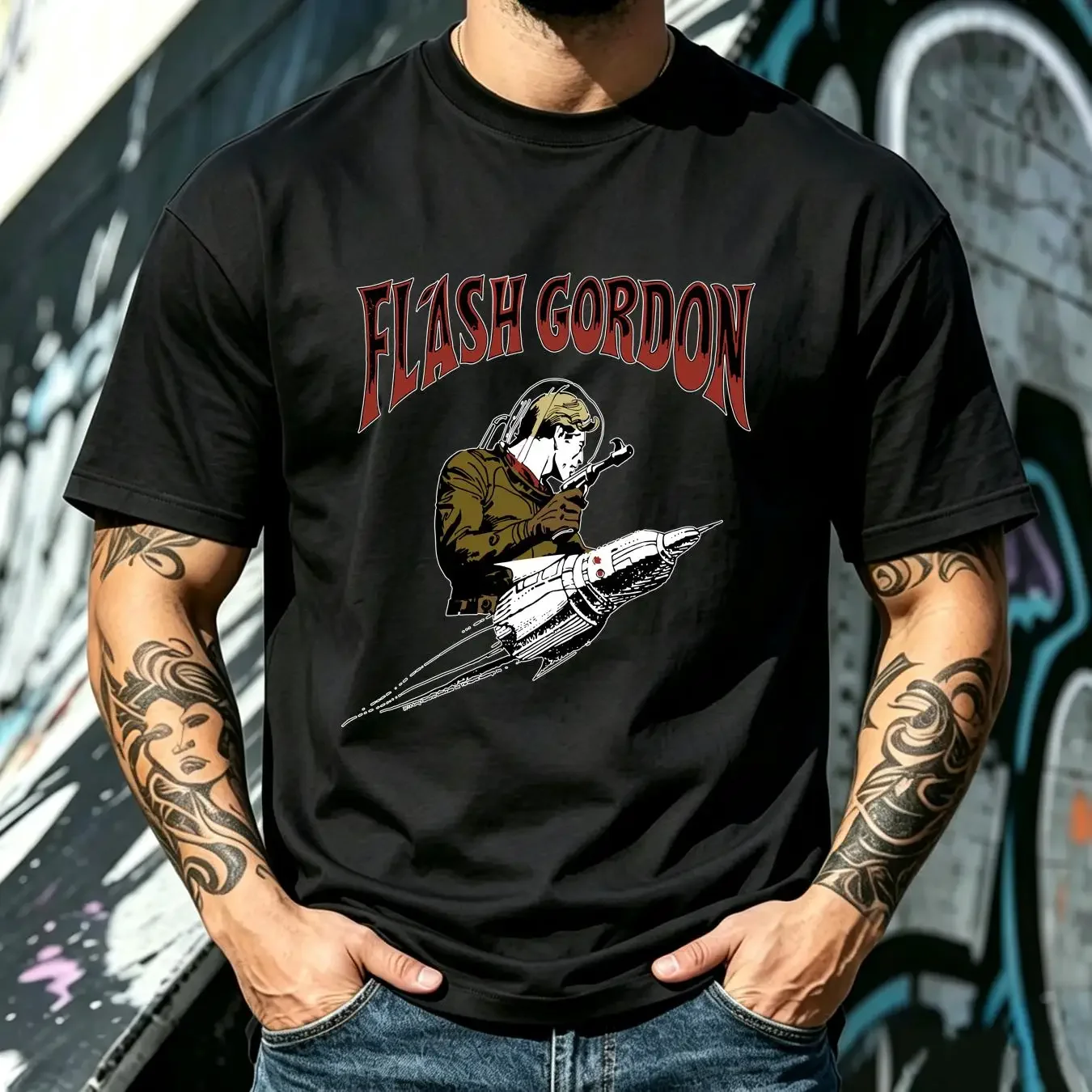 washed T Shirt Men's Flash Gordon Rocket Medium Vintage White vintage Washed Slightly Comfortable Top For Everyday Wear Unisex