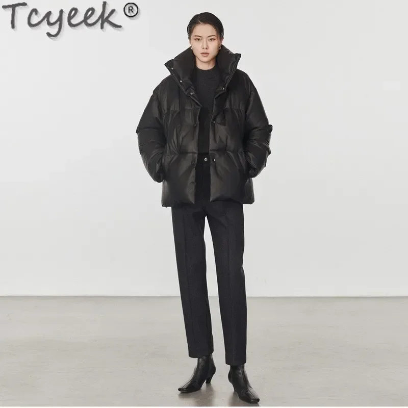 Tcyeek-Doudoune en cuir véritable pour femme, manteau chaud, cuir de mouton, coupe combinée, nouveau style, hiver