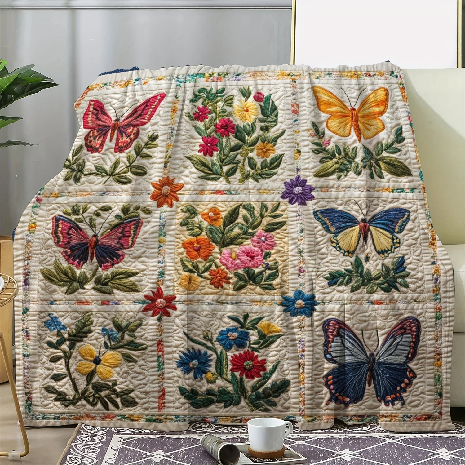 Plaid Floral 2D Print Flannel Blanket Multi-Functional Throw for Sofa or Home Decor All Seasons Use for Spring, Autumn & Winter