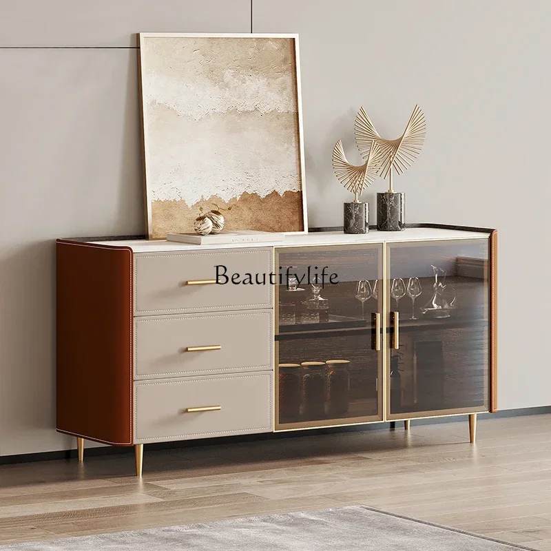 

NEW Solid wood dining side cabinet Italian saddle leather light luxury home rock slab glass tea cabinet