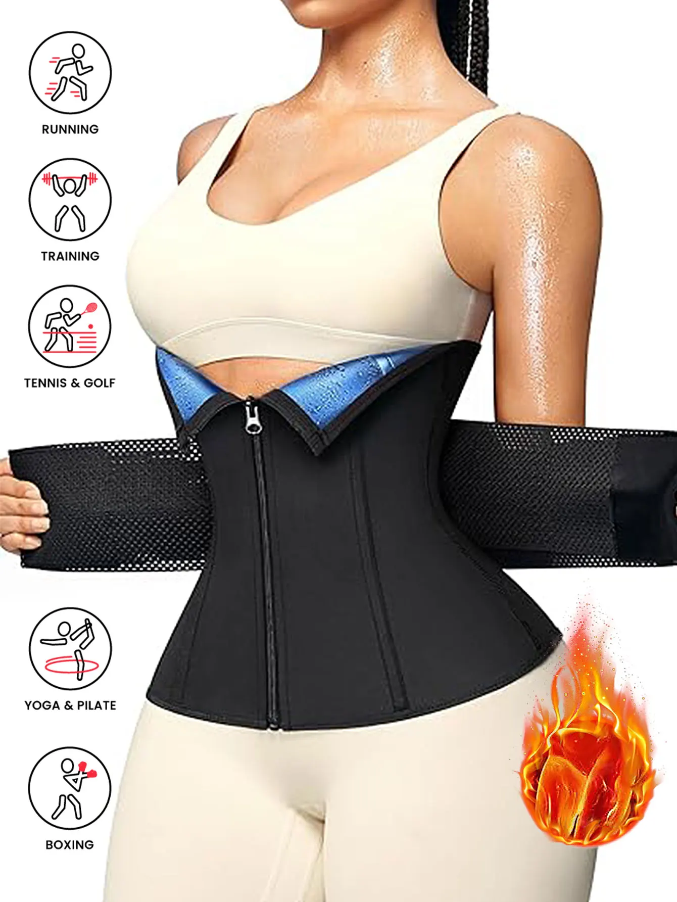 Women Sauna Waist Trainer Double Belt Tummy Control Corset Zipper Sweat Enhancer Body Shaper Workout Fitness Girdle Weight Loss