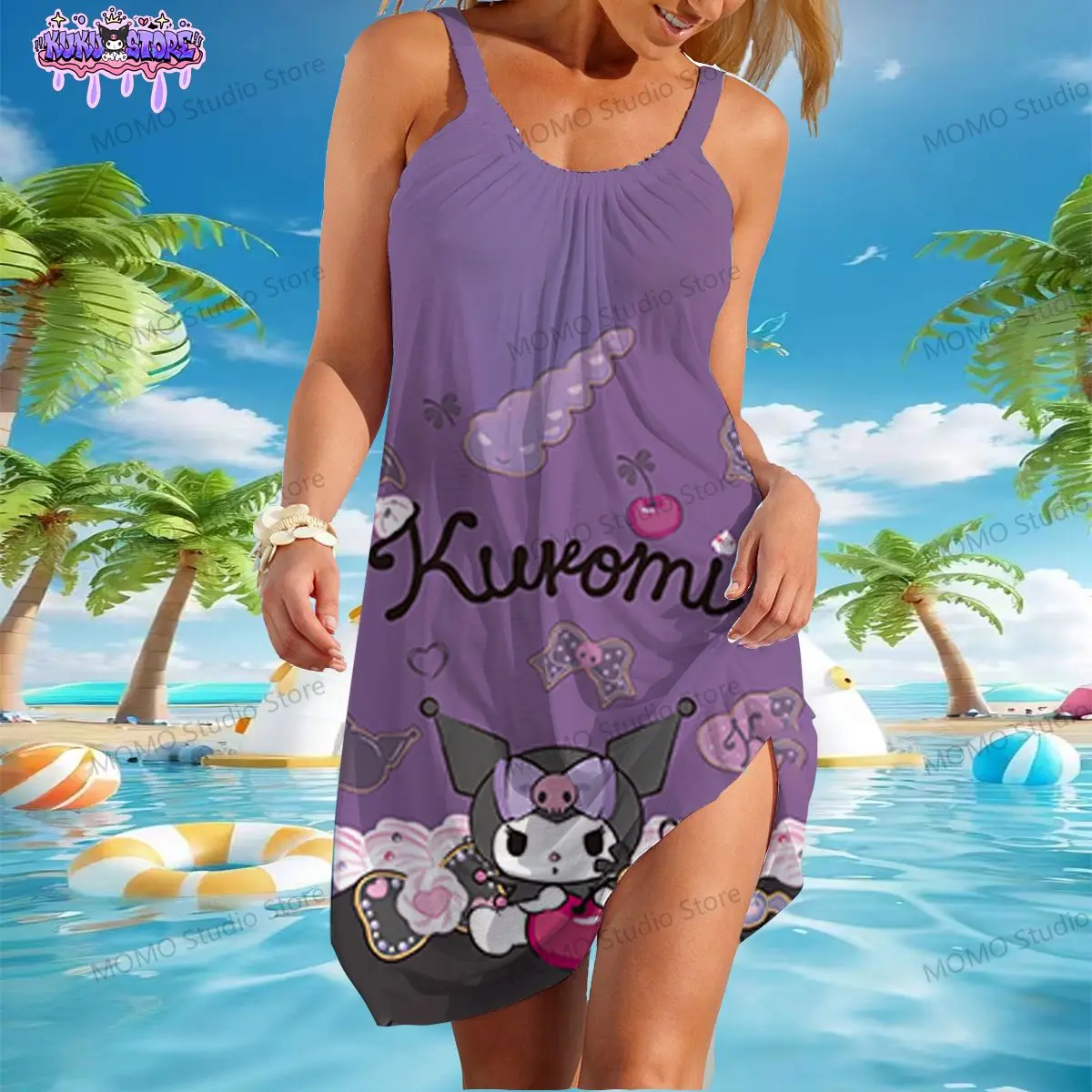 Kuromi Kawaii Women's Beach Dresses Sanrio S-3XL New Dress Y2k Youthful Woman Clothes Boho 2024 Summer Sling One-piece Fashion