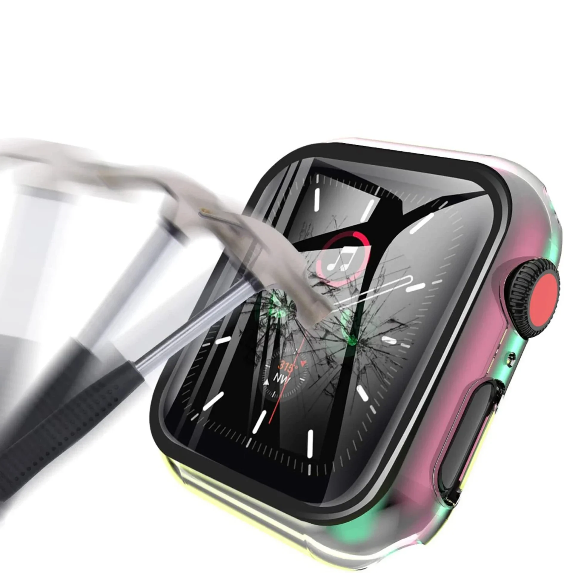 Vidro temperado embutido para Apple Watch, caixa colorida, capa de cobertura para PC, série iWatch 9, 8, 7, 6, SE 5, 45mm, 40mm, 44mm, 41mm