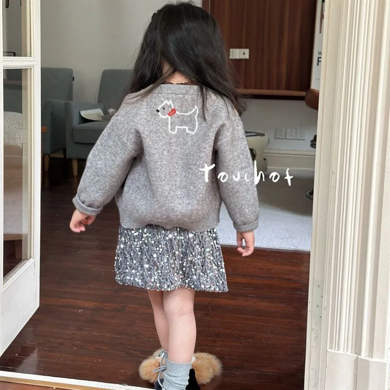 Korean Children Clothing 2024 Autumn New Korean Girls Cartoon Knitted Cardigan Coat Sequined Half Skirt