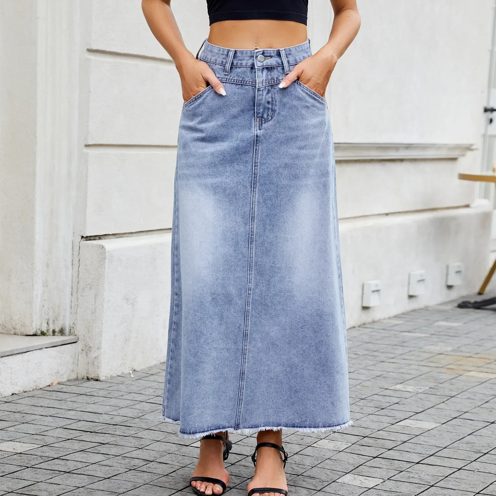 

Vintage Loose Pocket Raw Hem Maxi Denim Skirt Women's High-waisted A-line Big Swing Streetwear Long Skirts Trendy Streetwear