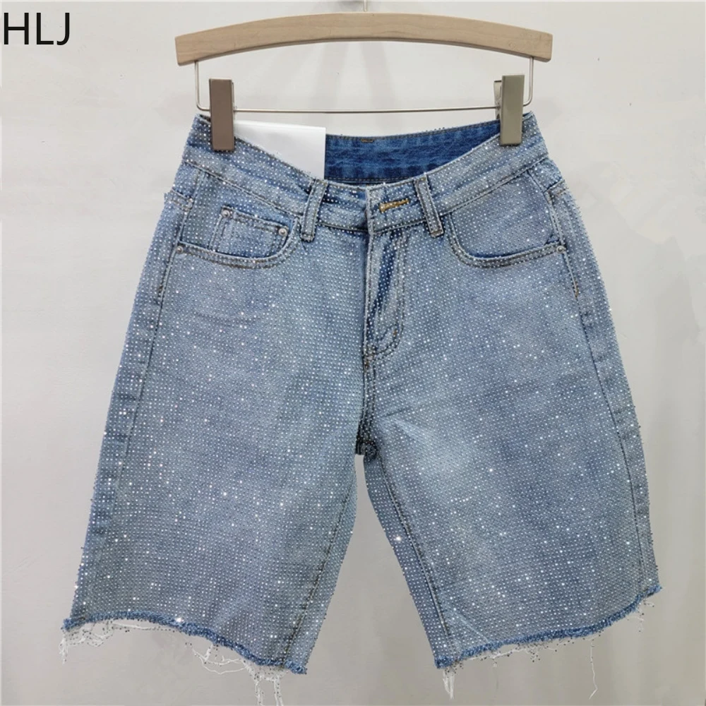 Set Dua Potong Celana Pendek Denim Berkualitas Tinggi HLJ Blue Fashion dengan Hiasan Rhinestone, Atasan Crop Lengan Panjang Kancing Kerah + Celana Pendek Streetwear Wanita