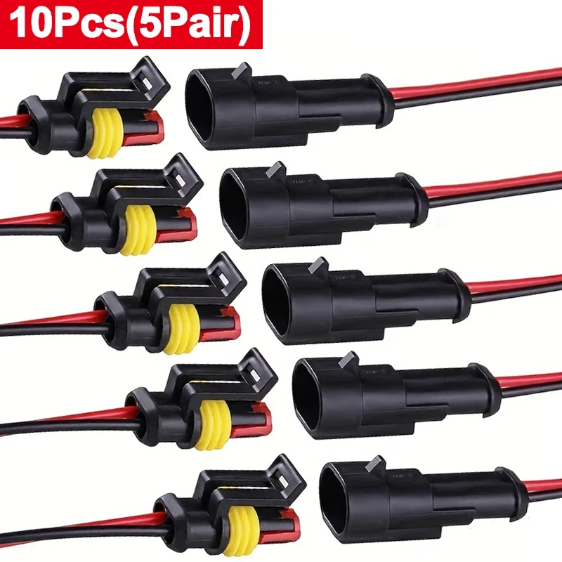 10Pcs/ 5Sets Waterproof Automotive Male Female Electrical Connectors Plug 2-Pin Way With Wire For Car Motorcycle Scooter Marine