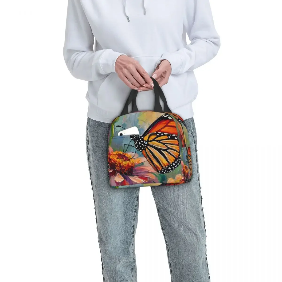Butterfly Stands On Flowers Oil Painting Insulated Lunch Bag for Women Kids Portable Food Boxes Thermal Lunch Box Tote