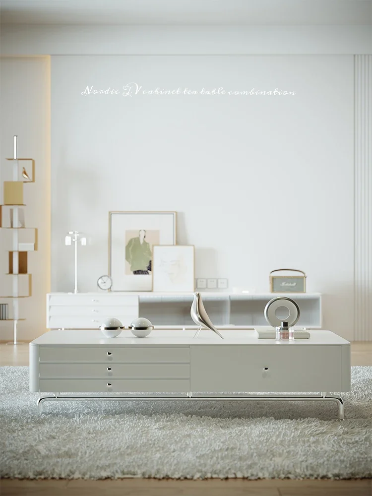 

Coffee Table TV Cabinet Storage Living Room High Leg Cream Style Nordic Modern
