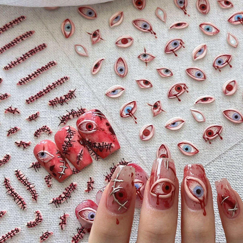 1sheet Bloody Eye Scar Halloween Nail Stickers Bleeding Scarlet Eyeballs Terror Nail Decals Simulated Scars Blood Scab Sliders