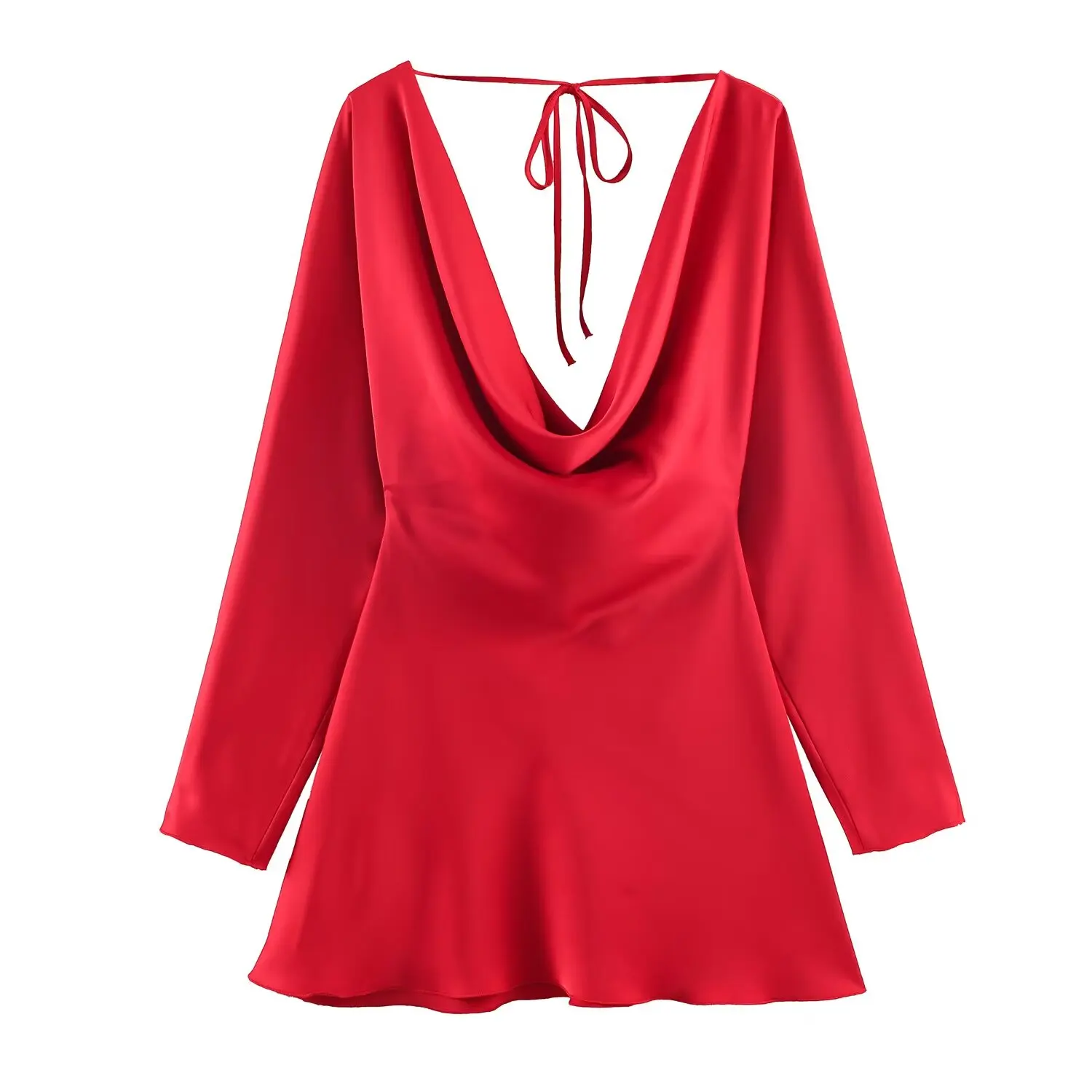 BSAY Satin Texture Pleated Collar Dress for Women Fashion Autumn Winter New Long Sleeves V-neck France Female Evening Dresses