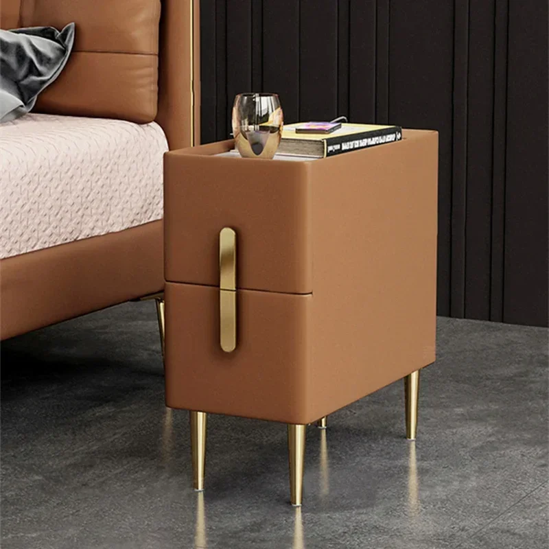 Solid Color Wooden 2 Drawer Narrow Bedside Table Nordic Style Faux Leather Bedroom Nightstands with Sintered Stone Top