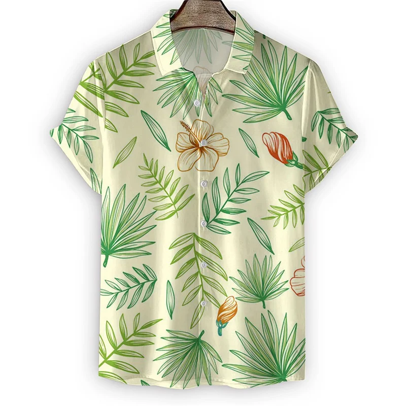 

Shirt with Green Leaves Man Summer Beach Vacation T-Shirts Short Sleeve T-Shirts 3d Print Button Art Blouse with Lapel Clothes