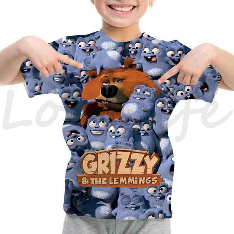 Kids Sunlight Grizzly Bear T-shirts Toddler Summer Short Sleeve Tshirt GRIZZY AND THE LEMMING Print T-shirt Boys Girls Tee Tops