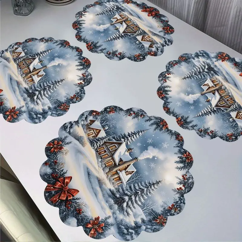 Vintage Winter Snow View Wooden House Christmas Lace Placemat, Wear-Resistant Plate Mat, Home Dining Table Decoration Placemat