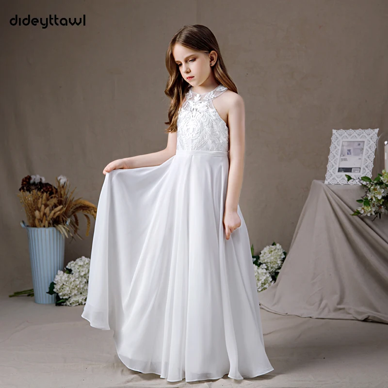 Dideyttawl Customized Halter Sleeveles Chiffon Flower Girl Dresses Lace Junior Bridesmaid Gown Birthday Party First Communion