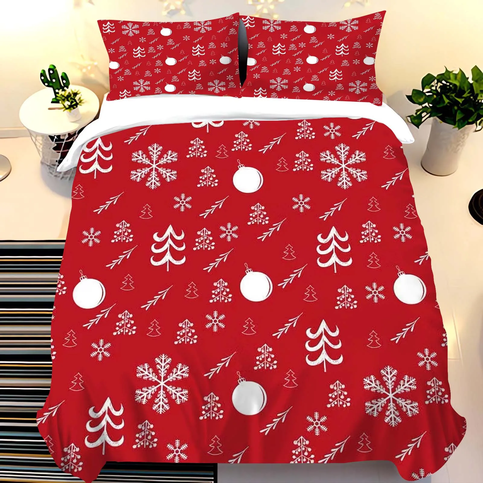 Christmas Duvet Cover Set King Queen Full Size Winter Theme Snow Pattern Polyester Comforter Cover For Child Festival Gift