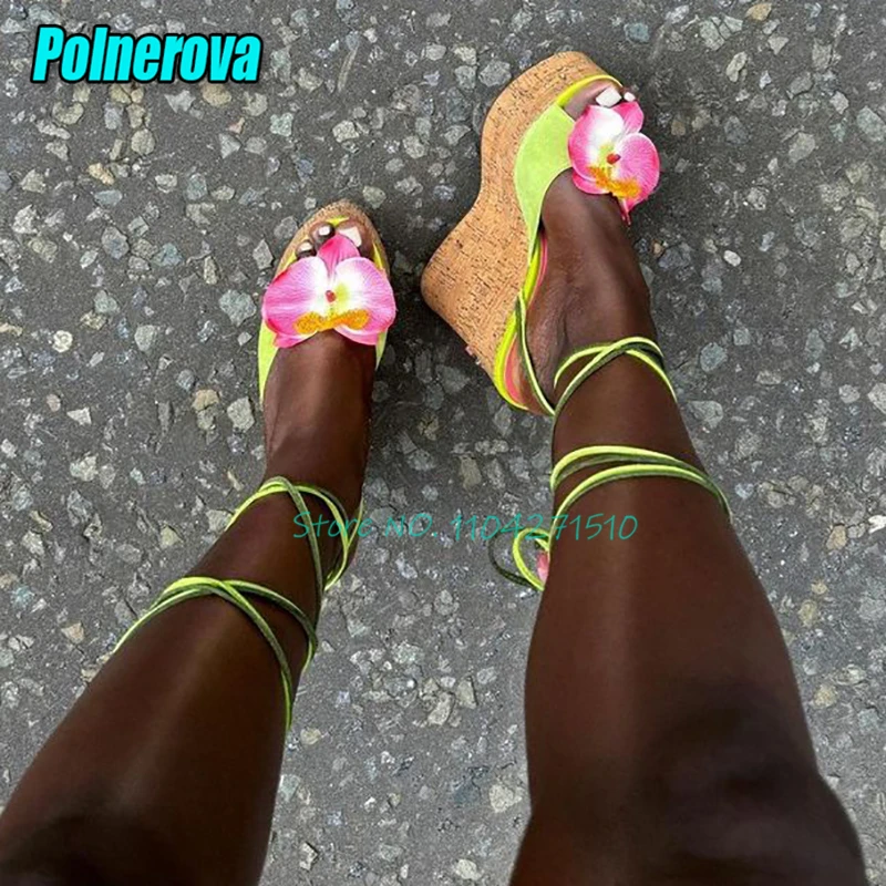 Summer Sweet Women's Sandals Wedge Platform Green Pink Satin Flower High Heels Elegant Peep Toe Ankle Wrapped Lace Up Shoes