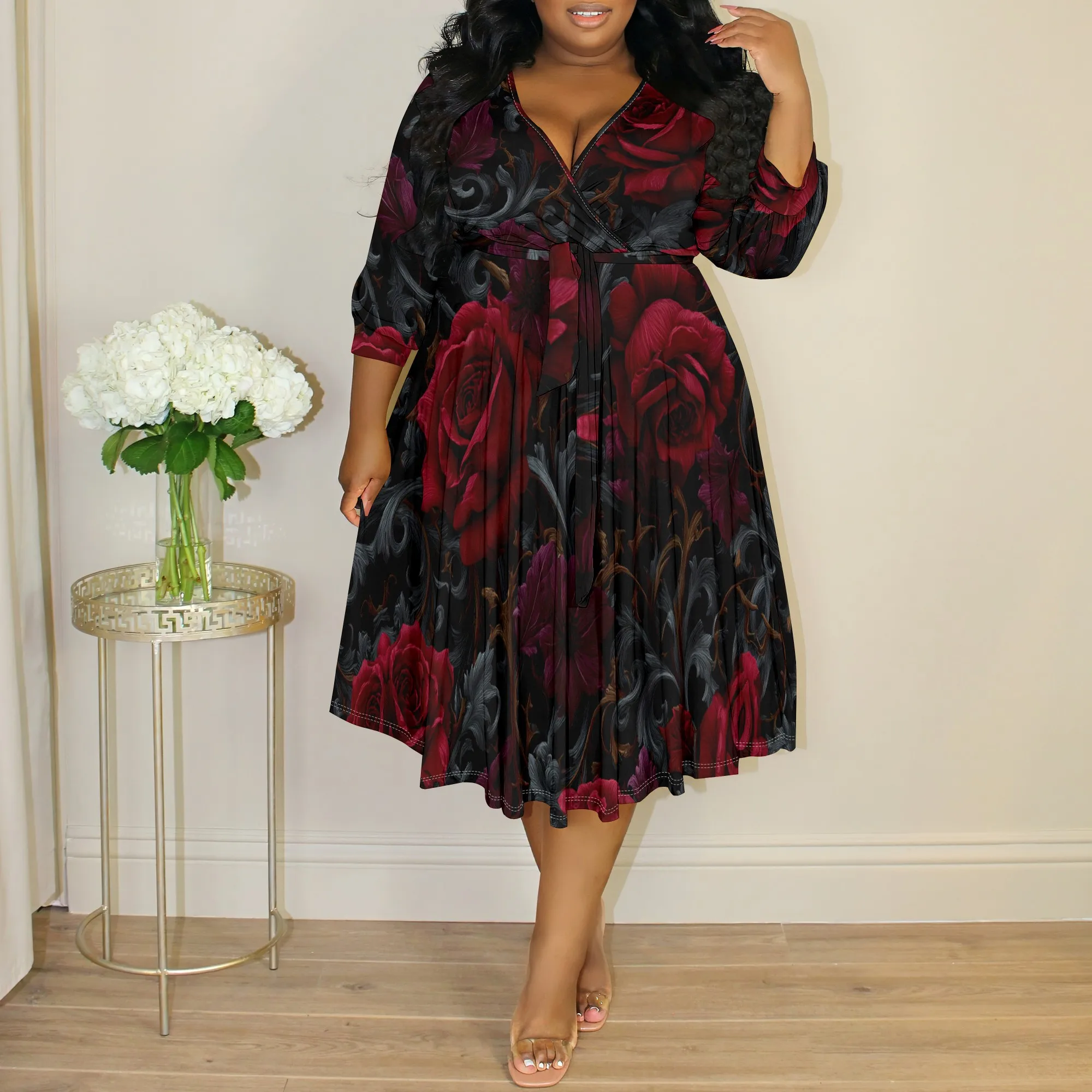 

"Plus Size Floral Print Midi Dress V Neck Tie Waist 3/4 Sleeve Elegant Outfit for Easter Wedding Guest Mother’s Day XL-6XL"