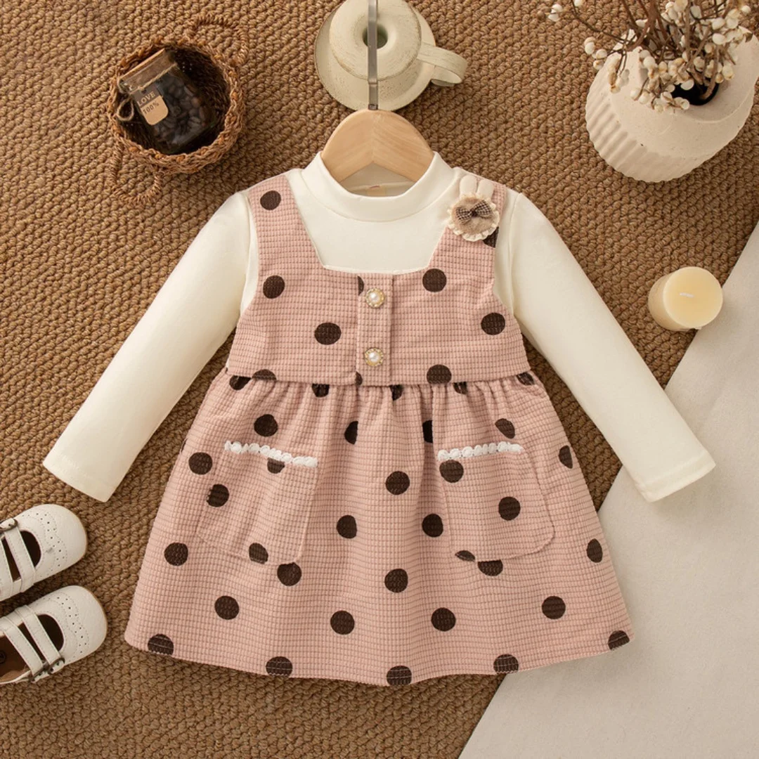 

Girl Clothes Cotton Fake Two Piece Dress 1-4Y Kids Polka Dot Print Long Sleeve Dress with Pockets Children Casual Party Dresses