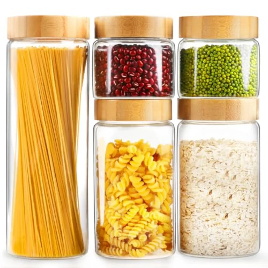 Curated Picks Airtight Glass Jar with Lid, Glass Storage Containers with Screw On Bamboo Lids, for Cookie, Pasta, Cereal Storag