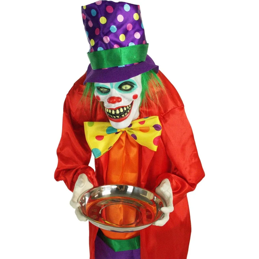 Outdoor Halloween Decoration Life-Size Animatronic Scary Clown Holding Tray with Touch Activated Lights Sounds, Battery Operated