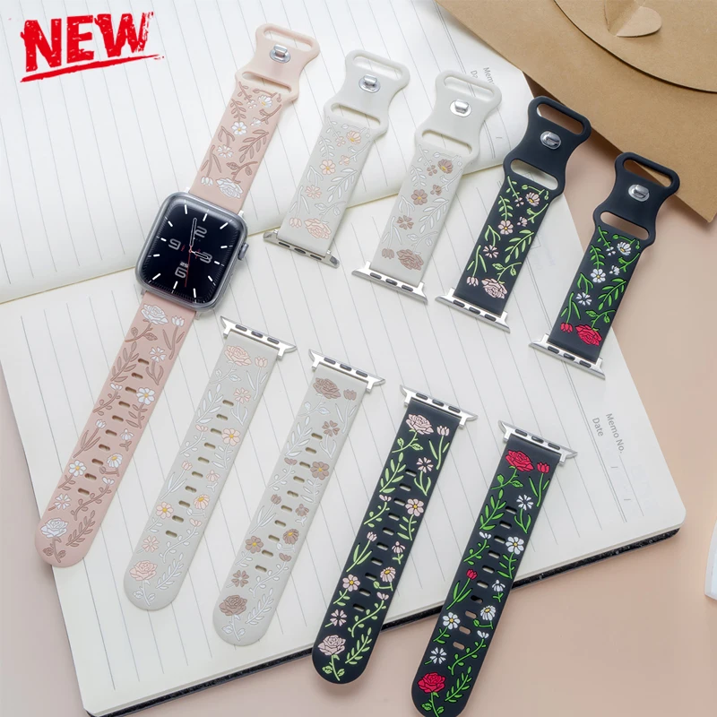 

Ремешки для Apple Watch Band 44 мм 42 мм 41 мм 40 мм 45 мм 49 мм 46 мм Браслет с цветочной гравировкой correa iwatch series 10 9 7 SE 6 8 Ultra