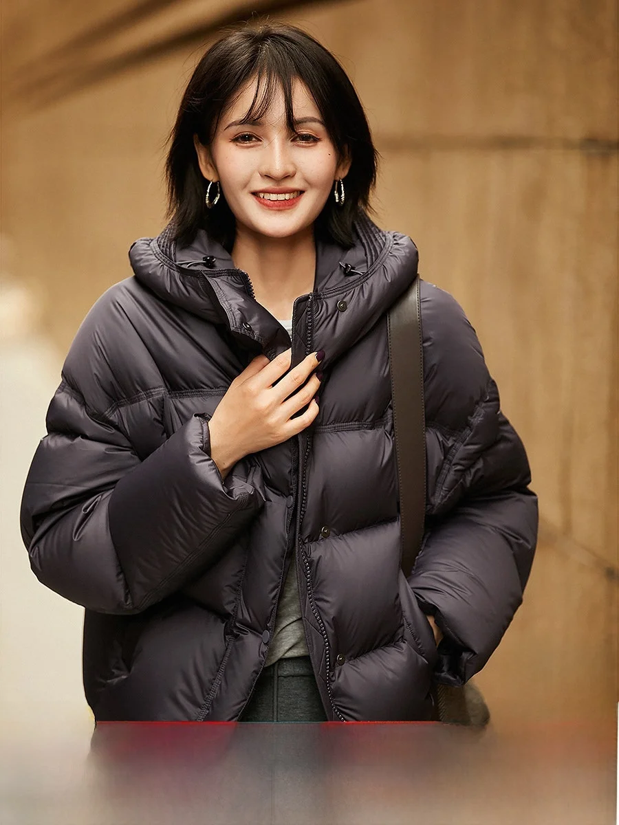 

Light Warm Puff White Goose down Hooded ort Sle Women's down Jaet Elastic Waist Loose Fit Nylon Fabric Zipper Closure