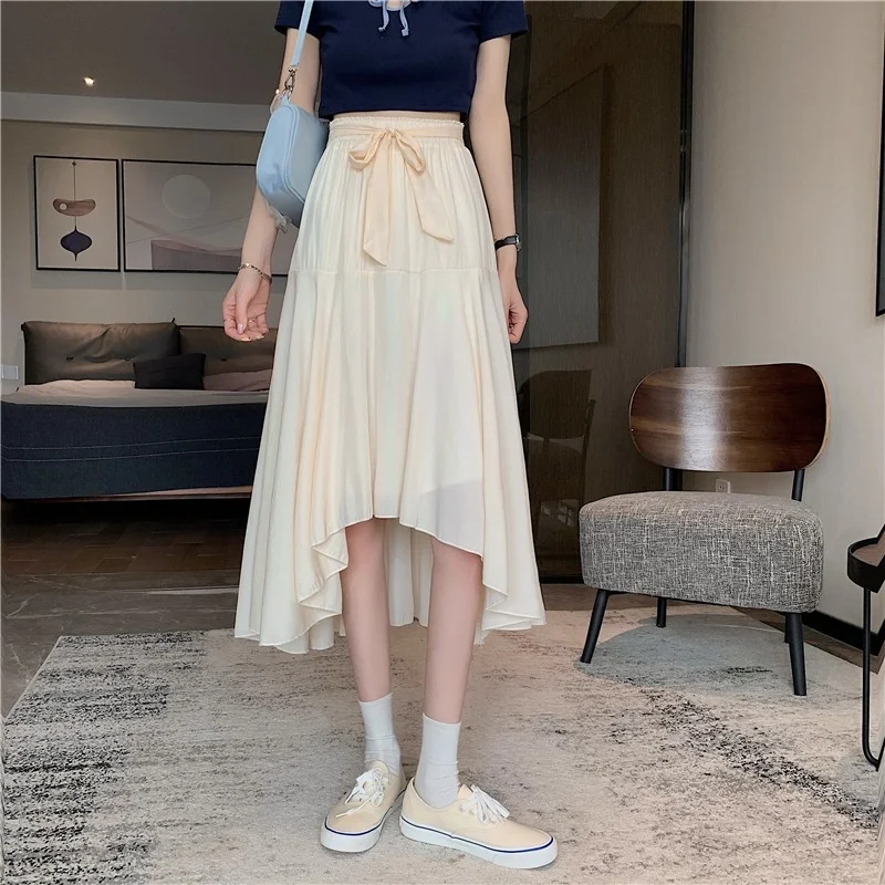 2024 Women New Korean Version High-waisted Thin Mid-length Skirts Female Spring Summer Bow Belt Skirt Elegant Irregular Fold