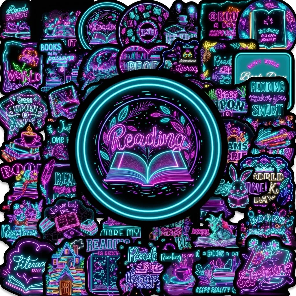 50Pcs Cyber Neon Book Stickers for Book Lovers Waterproof Wear-resistant Decals LanLanStickersWorld Store