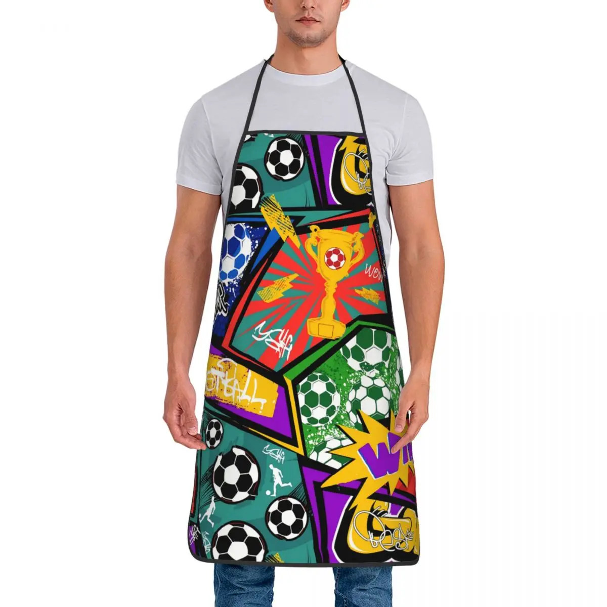 Funny Football Pattern With Soccer Ball Comics Style Cooking Master Bib Aprons Unisex Kitchen Chef Graffiti Art Pattern Tablier