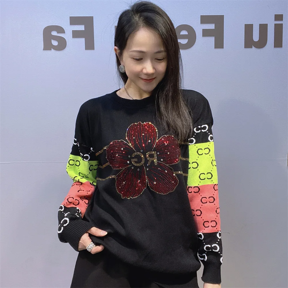 

Fashion Patchwork Long Sleeve T Shirt Women Knitted Clothing Letter Print Floral Diamonds Casual Pullover O Neck Loose T-shirts