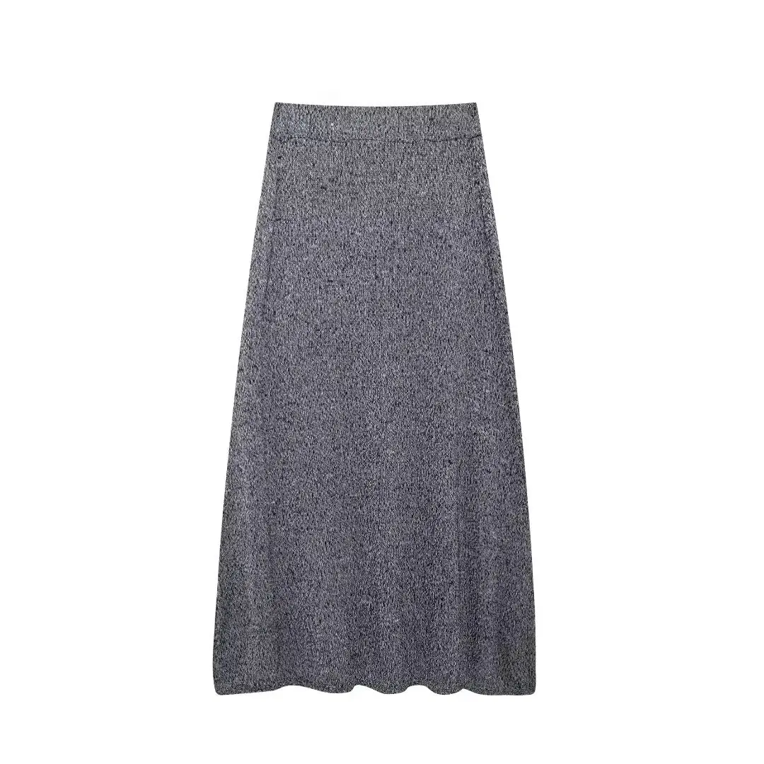 Tangada 2024 New Chic Women Elegant Gray Knitted Skirt Strethy Waist Midi Skirts BE0238