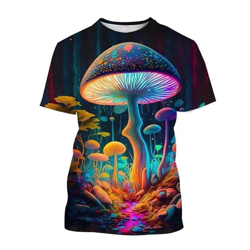 Psychedelic Mushroom Graphic T-Shirt Men Forest Plants 3D Print T Shirts Fashion Casual Round Neck Short Sleeve Unisex Tops Tees