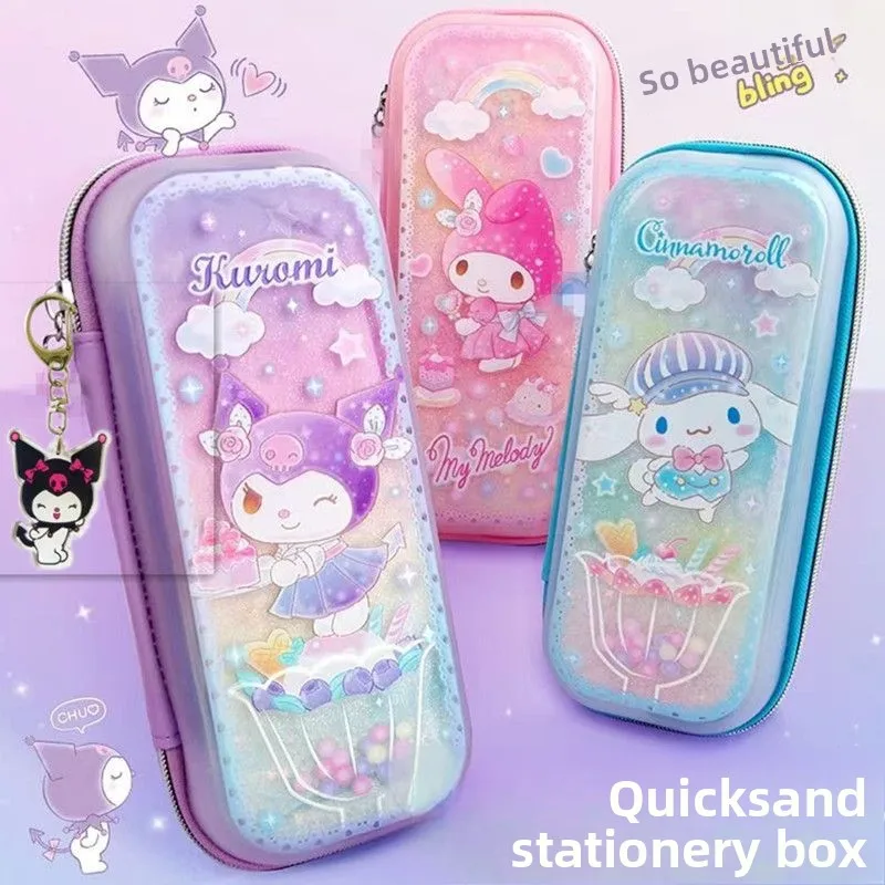 Estuche de lápices Kawaii con diseño de calavera y lazo, estuche de lápices con estampado de dibujos animados, estuche de lápices con líquido flotante, almacenamiento de artículos de papelería, regalo para mujeres y niñas, venta al por mayor